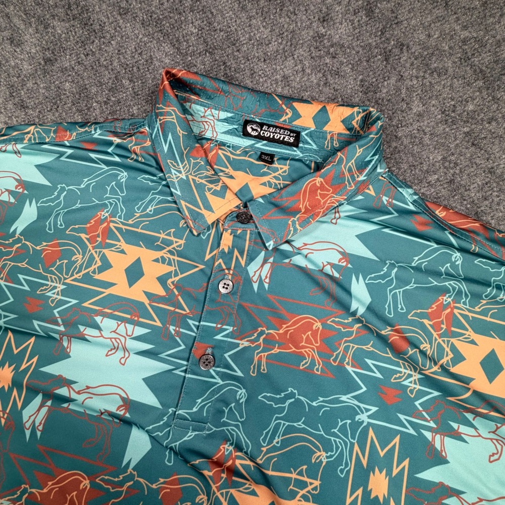 Raised by Coyotes Mens 3XL Teal Aztec Horse Print Performance Polo Shirt S/S 565